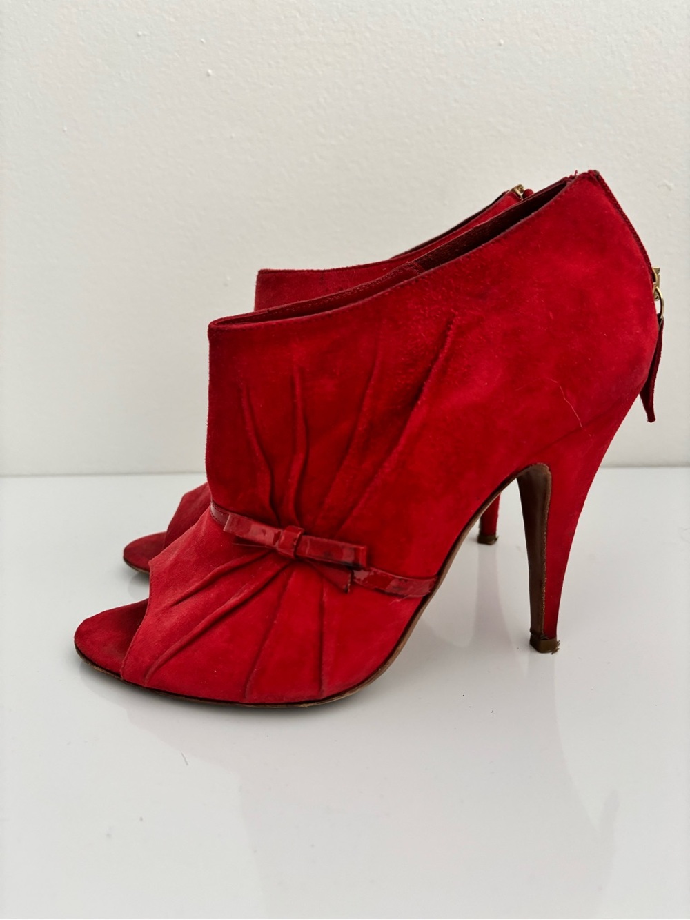 Moschino Red Suede Peep-Toe High-Heel Booties with Bow